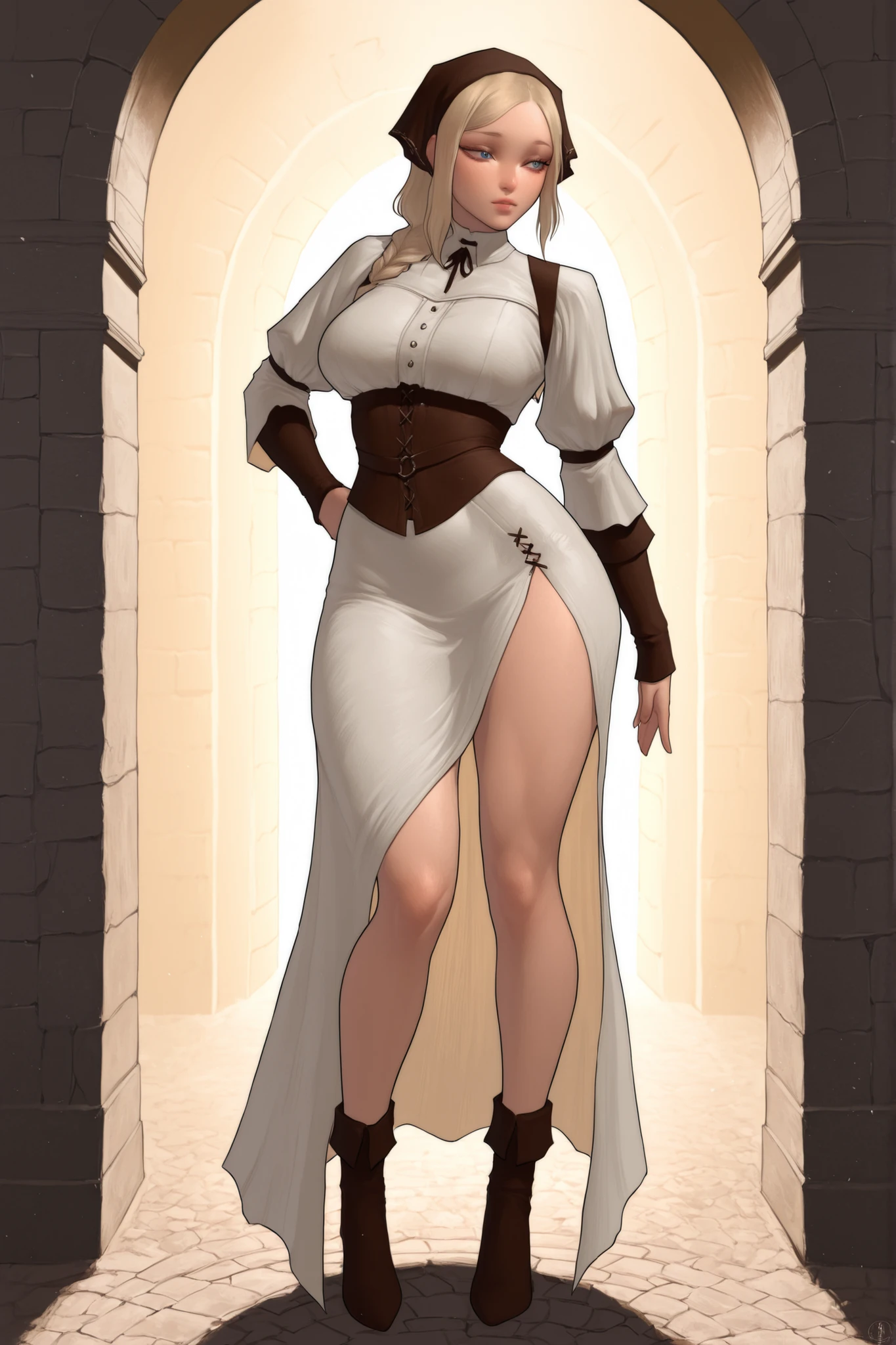 score_9, score_8_up, score_7_up, score_6_up, score_5_up, score_4_up,
BREAK
(masterpiece: 1.0), best quality, perfect anatomy, perfect composition, perfection,
BREAK
cinematic lighting, stopu42
BREAK
1girl, realistic woman, realistic proportions, hyperdetailed, peasant girl, long legs, ample butt, medieval background, jutting hip to the side, head scarf, peasant outfit, asymmetrical pose, visible hip bones, slender, blonde hair, braid, blue eyes, brown and white outfit, Nat the lich,