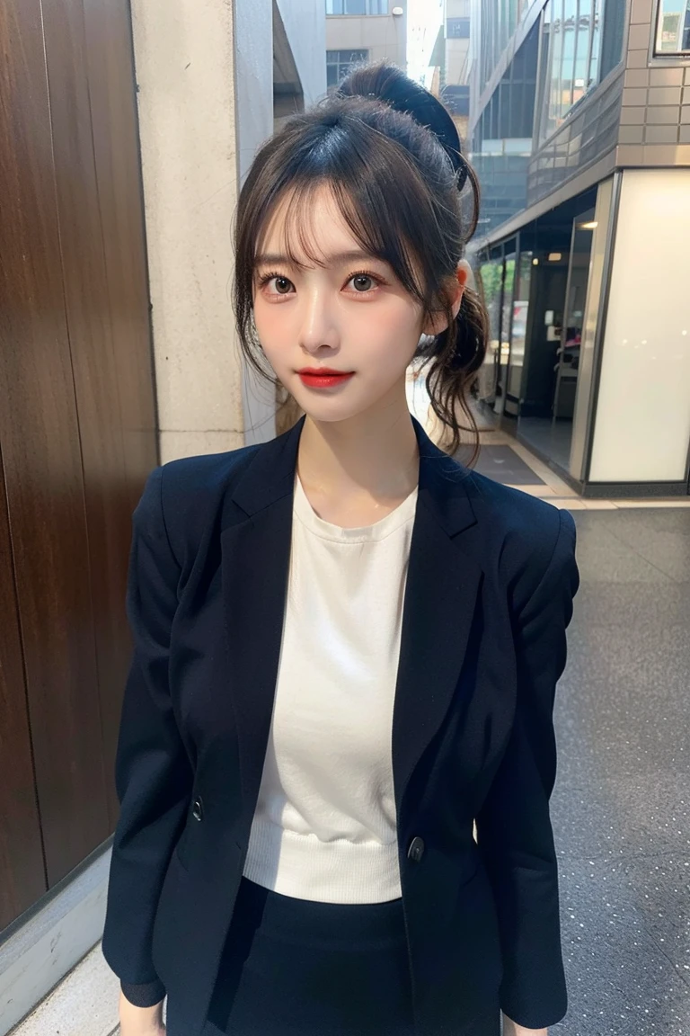 Pictured alone、The valley is visible、白いシャツの上からBlack jacket、Black jacket、Poses that emphasize cleavage、Very large breasts、Big Breasts、ボタンシャツからThe valley is visible、Japanese office lady clothes、Photographed in natural light、Highly detailed face and skin texture、Highly detailed lips、The correct state of the human body、Ultra-high resolution、(Photorealistic:1.4)、Highest quality, One beautiful woman, 30 years old, s, Selfie with mobile phone、Selfie style、Office Style Background,Concrete Background、Tile Background、(Dark brown long hair)、Black-haired、Long hair Japanese woman、(Dark brown hair)、Various poses、profile、Natural color lip、Spring Clothes、 necklace
