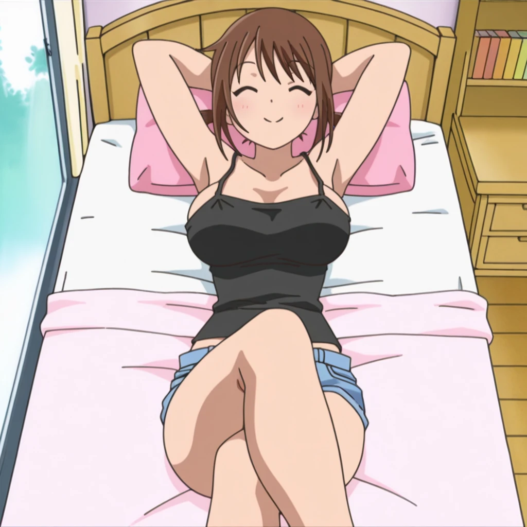 masterpiece, highest quality, High resolution, One girl, solo, sexual intercourse, Pornographic images, short hair, etsukoto, brown Eyes, fine grain, fine grain, (((Thick thighs, Plump thighs, Voluptuous thighs, Thighs alone are enough))), Huge and ample breasts, Cleavage, big long breasts, Naughty big,((big breasts are important))、((Naughty thighs)), L Cup, (thin:1.4),(Tight waist:1.4), (yellow micro dress:1.4), ((white waist apron)), smile, open mouth, blush, white panties, (((Simple Background))), ((Wide Hips)), Shiny, Oily skin, Mature mother, Calf, Seductive mature woman, milf, Perfect body, Plus Size Model, curvy, ample, etsukoto, blush, clavicle, retro artstyle, 1990s (style), (thick thighs:1.4), lying, on side, showing panty,
