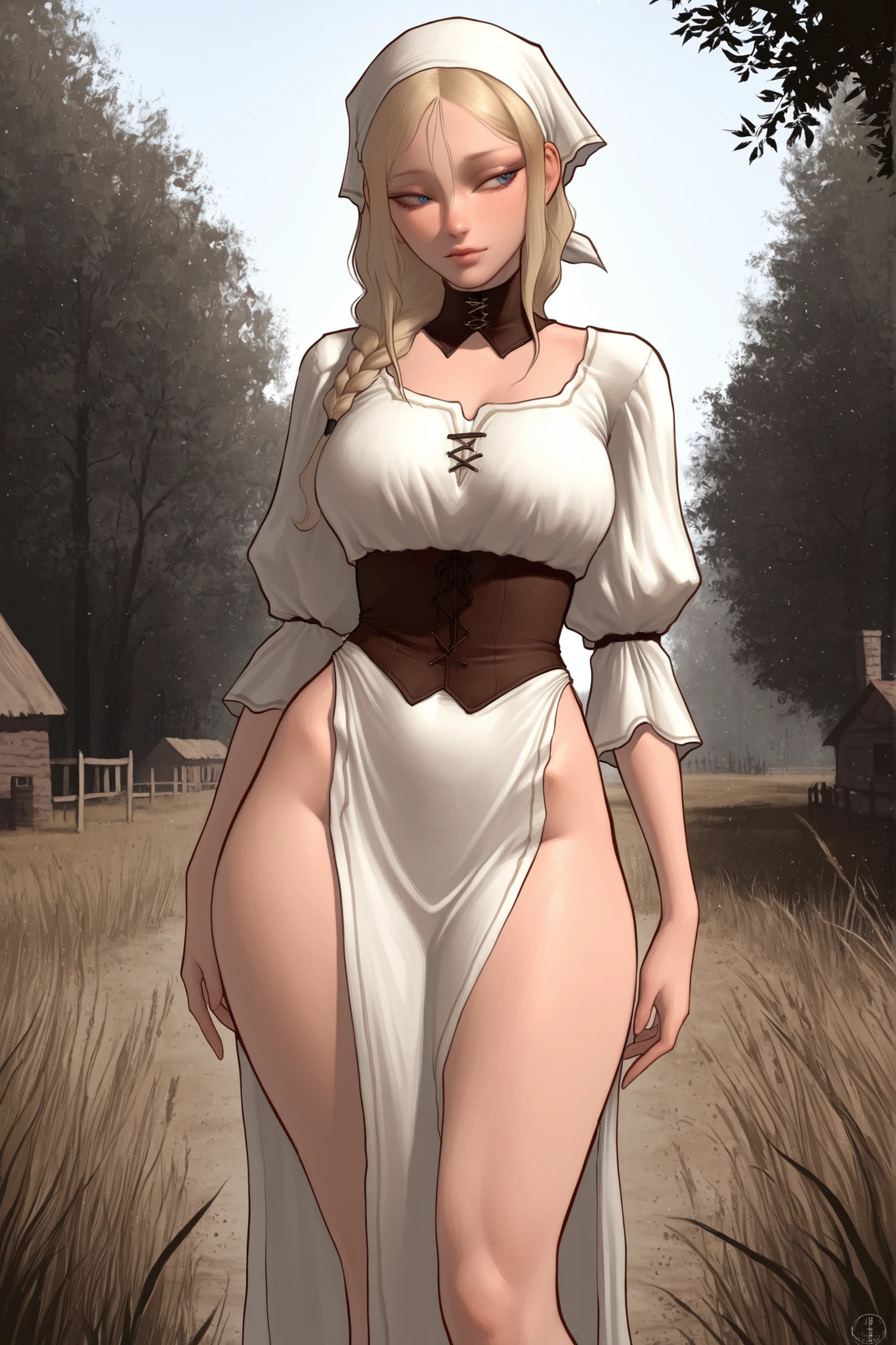 score_9, score_8_up, score_7_up, score_6_up, score_5_up, score_4_up,
BREAK
(masterpiece: 1.0), best quality, perfect anatomy, perfect composition, perfection,
BREAK
cinematic lighting, stopu42
BREAK
1girl, realistic woman, realistic proportions, hyperdetailed, peasant girl, long legs, ample butt, medieval farm background, jutting hip to the side, head scarf, peasant outfit, asymmetrical pose, visible hip bones, slender, blonde hair, braid, blue eyes, brown and white peasant rags outfit, Nat the lich,