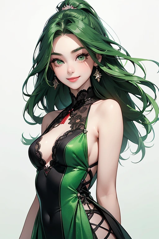 (Best quality, masterpiece, ArtStation, Fantasy Art:1.2), full body shot, a beautiful cute girl, (long wavy green hair:1.1),(black lace crop top dress, black stockings:1.2)