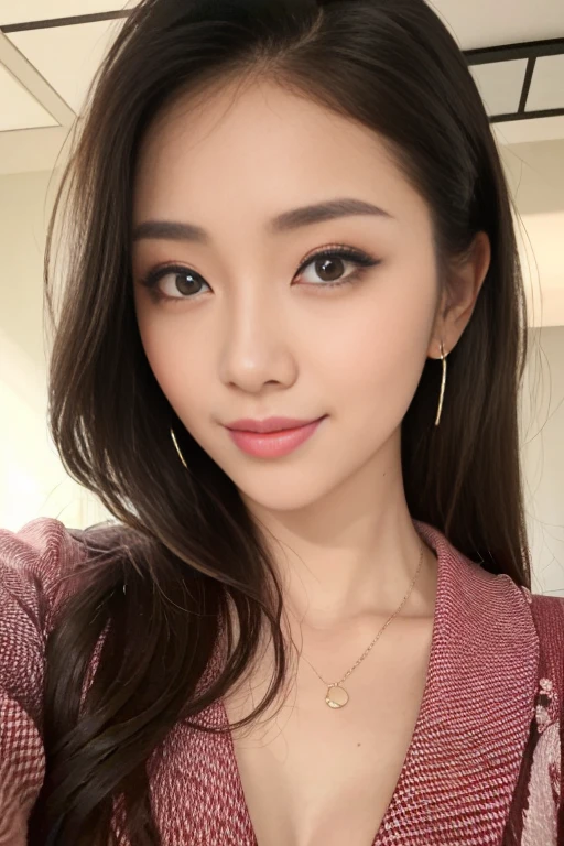 A beautiful Japanese shy girl, age 18 years old, brown hair tie up, brown big eyes, shiny lip, ecstatic expression, shiny hair, wearing solid white v neck shirts, in front of huge window, background is very blurry, wearing neckless, low angle,
