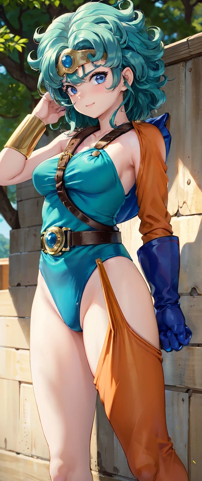 (((SFW、sound、Highest quality、Top notch work、Normal body、8k、Detailed face、Ultra-precision、Normal hand、のrefer、5refer、Highest)))、beautiful girl、Green Hair、yamato nadeshiko、((Small breasts、Shortcuts、Blue leotard、Muscular、Red Cape、Circlet))、(((Sexy pose)))、Female Heroes、 Fight、Fight準備完了、((Executed perfectly:Description of the whole body,Standing posture,Draws in great detail、There is no anatomical problem))、grassland