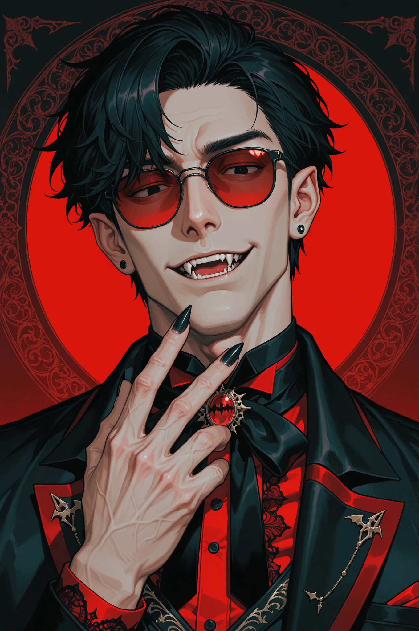 1boy, adult male, digital portrait of a fashionable anime male vampire with black hair, fangs, and goth clothing; his black eyes are hidden behind red sunglasses, his nails are long and clear, his accessories are ornate and detailed, dramatic, stylized with black and red color palette with detailed textures emulating digital illustration, ultra-detailed, intricate details,masterpiece, best quality, amazing quality, hyper-detailed, newest, very aesthetic