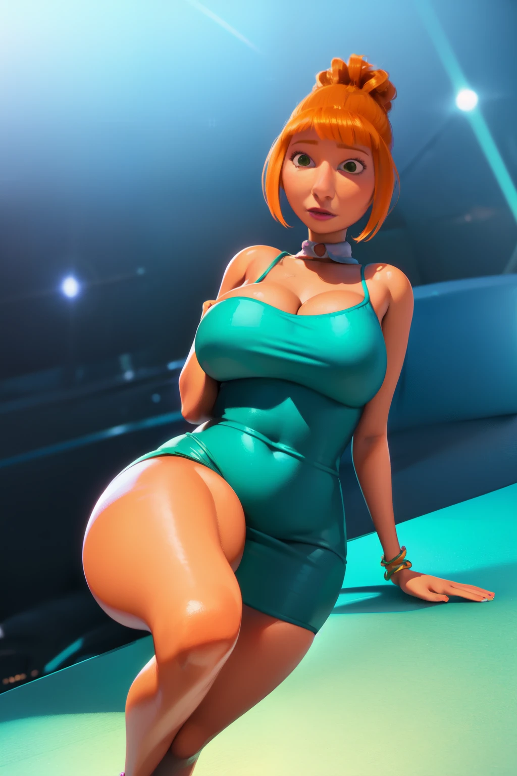 lucywilde, big ass,(Lucy Wilde:1.3, 3D:1.1, caucasian skin:1.0, thick thighs:1.0, huge breasts:1.0) orange hair, (tight:1.1) green dress, (best quality:1.2), ultra detali, (realistic:1.37), portraits, swirling bright colors, warm shades, soft lighting