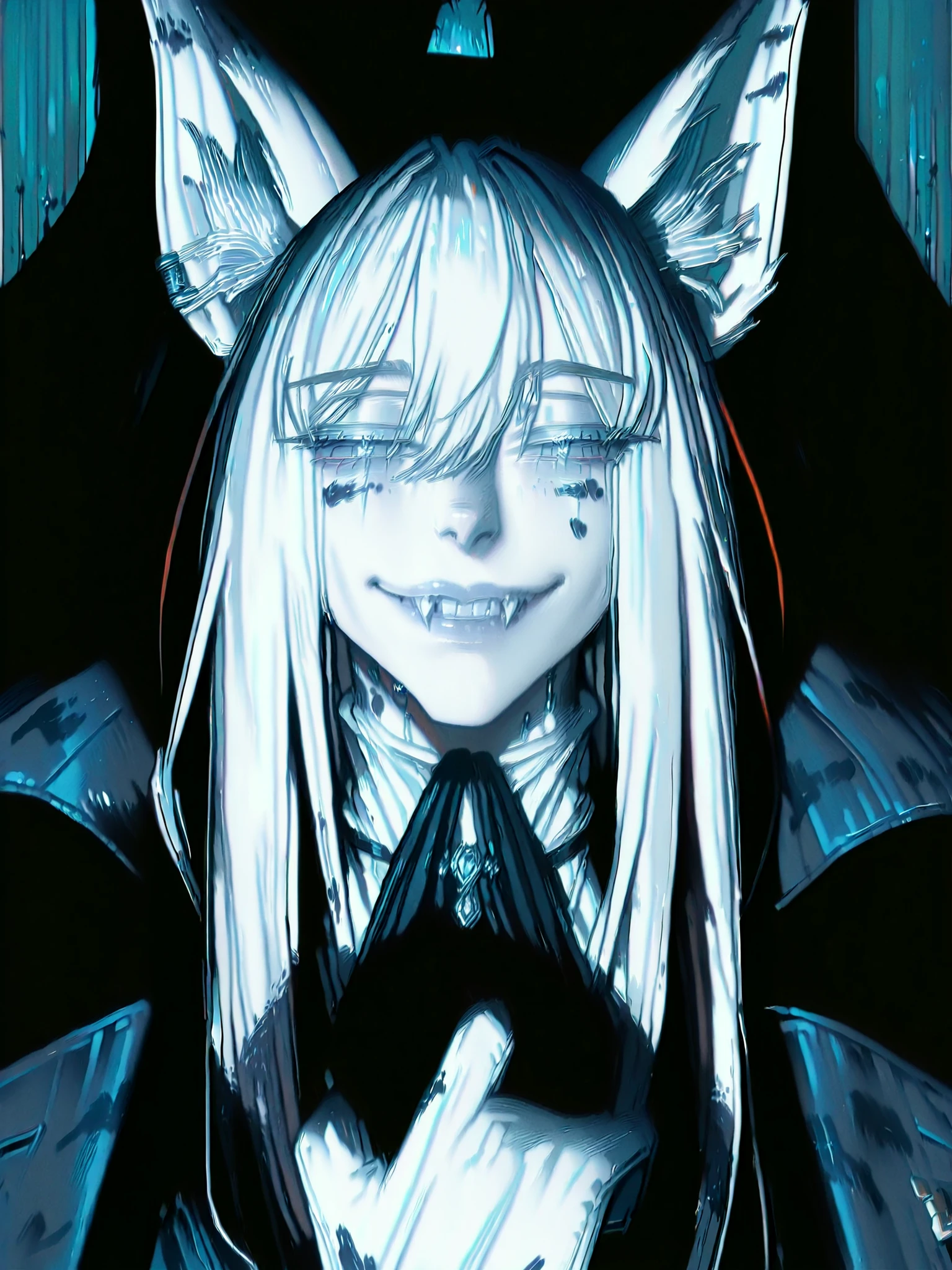 General Description — Furry Version Species / Race: A demonic bat or chiroptera of shadows, belonging to a nocturnal and predatory race. Alternativamente, could be a hellish feline with bat-like features (like ears and fangs), creating a fusion between feline sensuality and vampire ferocity. Gender: Feminino, female. Idade aparente: Jovem adulta (visual between 20-30 years) Physical Features Coat: Cor base: A tone of pale silver, almost white in some areas, reminiscent of the cold skin of the original version. standards / Marcas: Dark spots on the ears and around the eyes, as shadows or camouflage spots (estilo selvagem). Textura: Curta e macia, with subtle shine under light. Cabelo / Juba: Longo, voluminous and blue-black, dripping like a wild waterfall over the shoulders.  slightly disheveled , covering one of the eyes , reinforcing the mysterious air. Olhos: Cor: incandescent red, with vertical feline pupils.  Expression: Predatory, seductive and full of malice. They have a vivid glow that contrasts with the rest of the body,  suggesting supernatural powers . Orelhas: Grandes, Long and pointed, with interior dark and camouflaged spots. They resemble those of an exotic bat or feline, sensitive to sound and movement. Focinho e Boca: Focinho pequeno, with lips subtly drawn. Long white fangs, with fresh blood flowing in the second painting. wide and threatening smile, transmitting sadistic pleasure and predatory hunger. Nariz: Pequeno e escuro, typical of anthropomorphic felines or bats. Language: Visible when smiling, slightly bifurcated or thin, giving a sinister charm.  Expression e Linguagem Corporal Quadro 1: She looks over her shoulder, with the half-closed eyes and a slight mockery smile. The mouth bleeds discreetly. She seems to have just attacked or intimidated someone and is amused by the situation. Quadro 2: Sorriso largo, showing all the teeth and the bloody fangs. The tongue licks part of the blood.