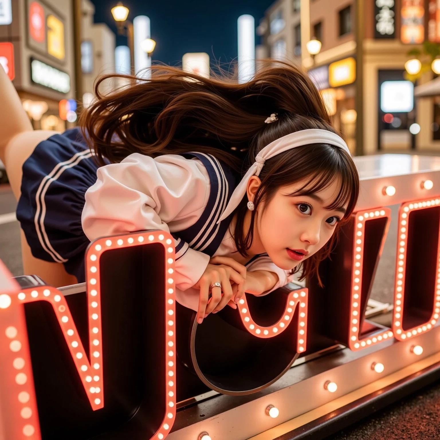 front view, hyper-realistic details , 4k , A woman wears bangs and ties hair, Turn your head and look directly at the camera, wearing (casual set costume) character sitting casually on front, gift boxes, flowers, confetti, balloons, colorful , The character must wear (casual style) clothing such as (Surreal set, Cotton cloth, Woven rope sandals, low soles), In his hand he held a glowing sign with the message "Happy New Year 2024",  The background of the wall is colorful