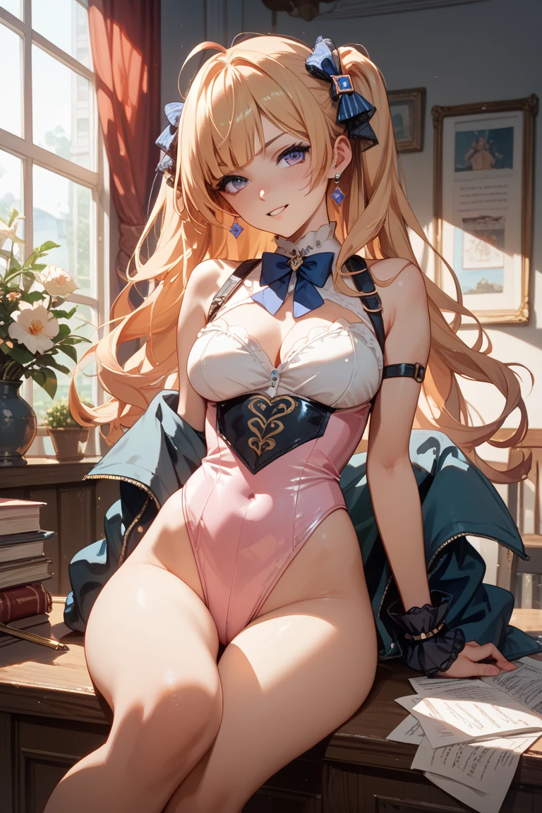 最high quality、Best image quality、masterpiece、With a girl((cute、16 years old、Best Bust、Medium Bust、Beautiful Blue Eyes、Spread your chest wide,Blonde、Slender、The best valley、Blue Tank Top、Blue trousers,Show the whole body、Blue Mesh,swim,smile)）high quality、Beautiful art、background((summertime、large room、cooler、Fan、See-through curtains、White bed、A large number of books)),Tabletop、Exquisite design、Visual Arts、Depth of written boundary、Best lighting、Highest detail、8ｋ