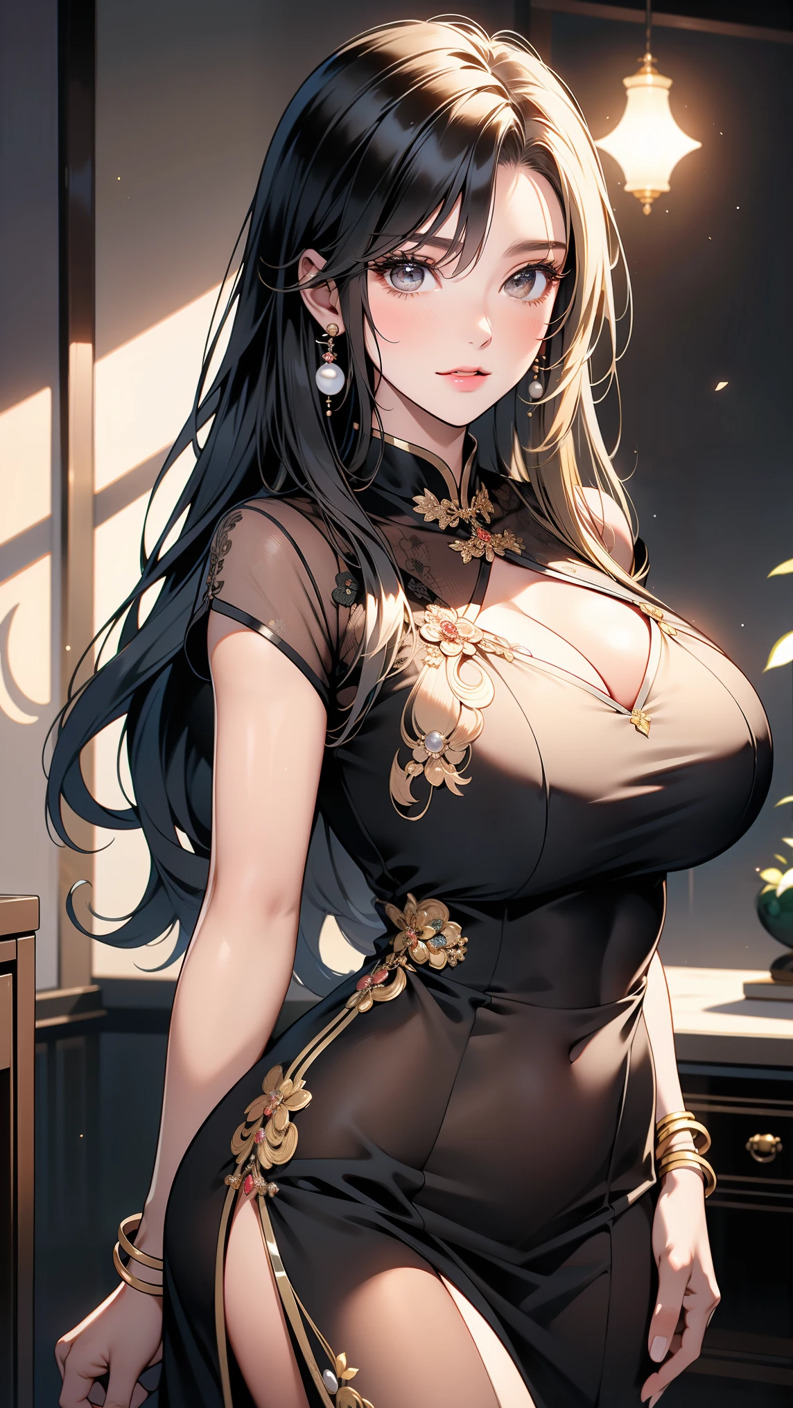 masterpiece, best quality, realistic, photorealistic, great lighting, ultra-detailed, dynamic angle, perfect face, (bright lighting:1.2),beautiful detailed eyes, extremely detailed face, perfect lighting,
1girl, black twintail hair, glasses,
qipao dress, stockings, high-heeled shoes, ((black panties, cameltoe)),
Composition looking up from below, room, bed, M leg, lift up one's skirt,
sweaty, wet body, navel out, thighs out, buttocks, large breast, slim, slender, translucent body, Transparent, Embarrassed expression, blush,