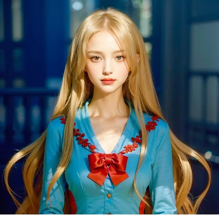 masterpiece, best quality, realistic, child girl with blonde hair and red bow, long hair, broad shoulders, small head, upper body, (white background: 1.3), closed mouth