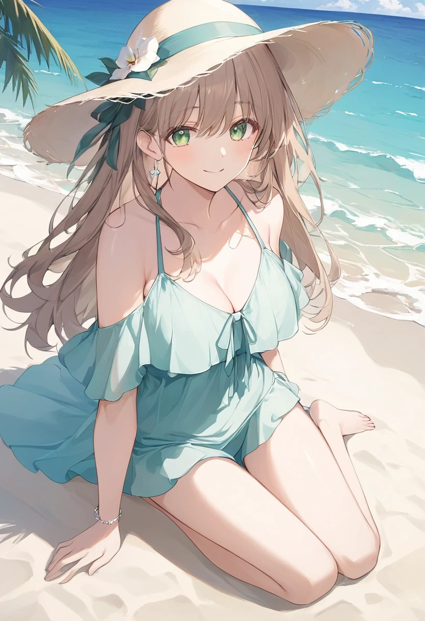 2D, masterpiece, highest quality, anime, highly DetaileD, cowboy shot, 1 girl, alone, fujiwara chika, brown hair, blue eyes, hair ribbon, black bow, big breasts, beach, islanD,