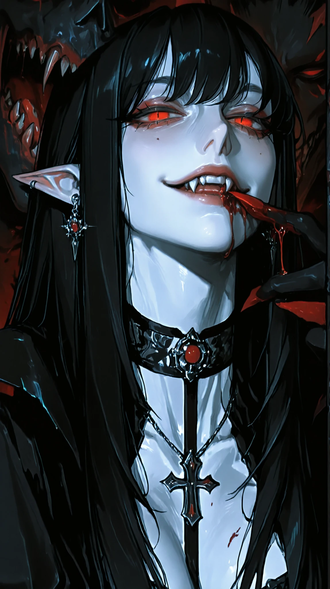 General Description of the Character Species/Race: Probably demonic, vampira, ou um tipo de dark elf (elfa sombria), considering supernatural features such as pointed ears, intense red eyes and the threatening aura. Gender: Feminino. Expression facial: Imagem superior: Intense and threatening look, with the face partially covered by hair. She displays a slight sarcastic smile. Blood oozes from your mouth, suggesting that someone has just been fed or injured. Imagem inferior: a wide and sinister smile, exhibiting sharp fangs stained with blood. The look is even more provocative and predatory. Blood drips from the corner of the mouth, reinforcing its predatory and cruel nature. Physical Features Eyes: Cor: Vermelho intenso, com pupilas escuras. Expression: Penetrantes, predatory, transmitting a mixture of pleasure and thirst for blood. Cabelo: Cor: Preto profundo. Estilo: Longo, liso, volumoso, with fringes covering part of her face. Transmits an air wild and mysterious. Pele: Cor: Light gray or greyish, typical of dark races such as vampires or shadow elves. It contrasts strongly with the red eyes and dark hair, , further highlighting its supernatural appearance. Orelhas: Long and pointed, } with dark spots similar to camouflaged patterns. An unusual detail that reinforces a possible non-human or mystical origin. Dentes: Visibly sharp and pointed, especially on fangs. This suggests predatory behavior (vampirismo, cannibalism or something similar). Boca: Soiled with fresh blood, running down the lips and chin. The position of the lips and teeth in the second painting shows pleasure or sadistic satisfaction after feeding or hurting someone. Visible accessory: Lace necklace or black choker, with a dark adornment in the center. Adds a touch of gothic elegance to the look, reinforcing the dark and seductive style of the character. Possible Personality (visually interpreting) Sedutora e perigosa: The combination of a feline look.