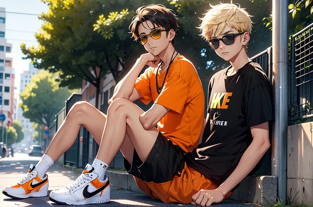 make a blonde green eyed boy with low fade hair ,yellow Nike shirt and white air force sneakers