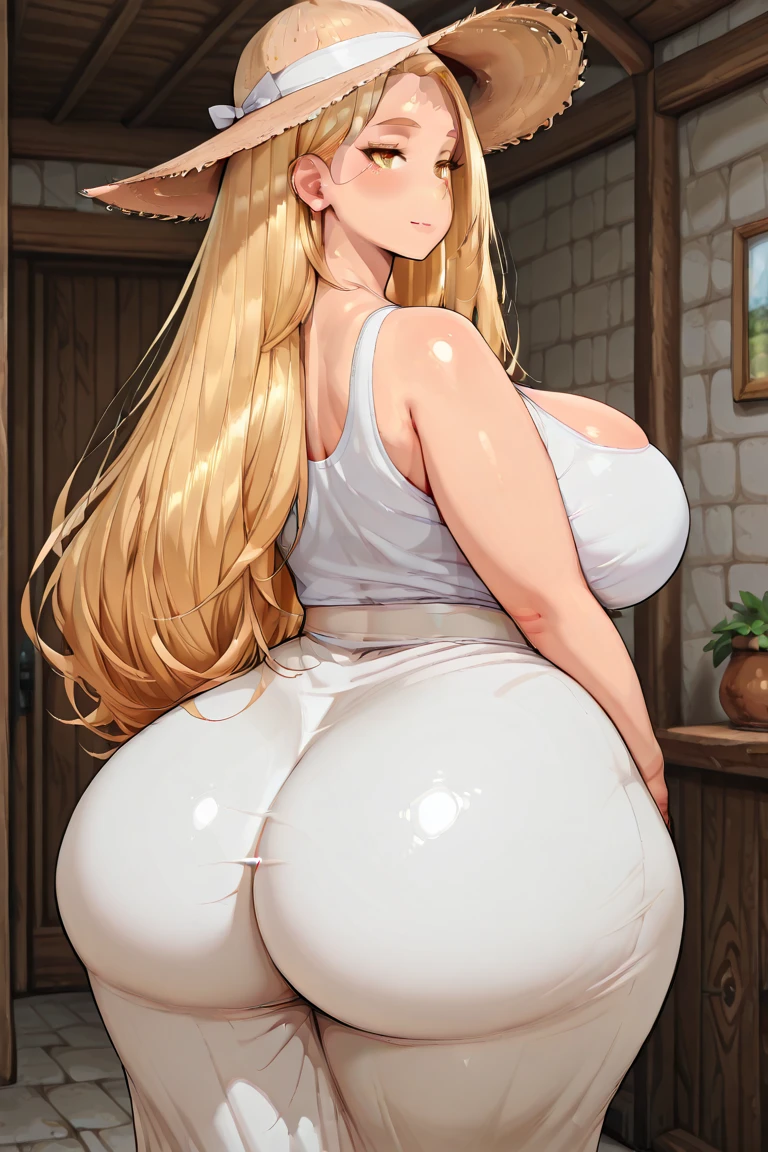 (masterpiece), (nsfw),Highest quality, Expressive eyes, Perfect Face, Huge breasts, Huge Ass,Very curvaceous,Blonde Hair, Yellow Eyes, Lewd, Fuller lips, Fascinating, smile, Huge breasts, Wide Hips, Sunburn,full nude,one female doing,belly button,Pussy juice,((back angle)),((Asshole)),