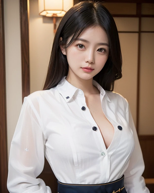 ((best quality, 8K, masterpiece :1.3)), 1 woman, whole body, beautiful woman, hidden face, very detailed face, very detailed eyes, double eyelid, long hair, black hair, face slimming, big bust, white long sleeve dress shirt, Black miniskirt, bed,