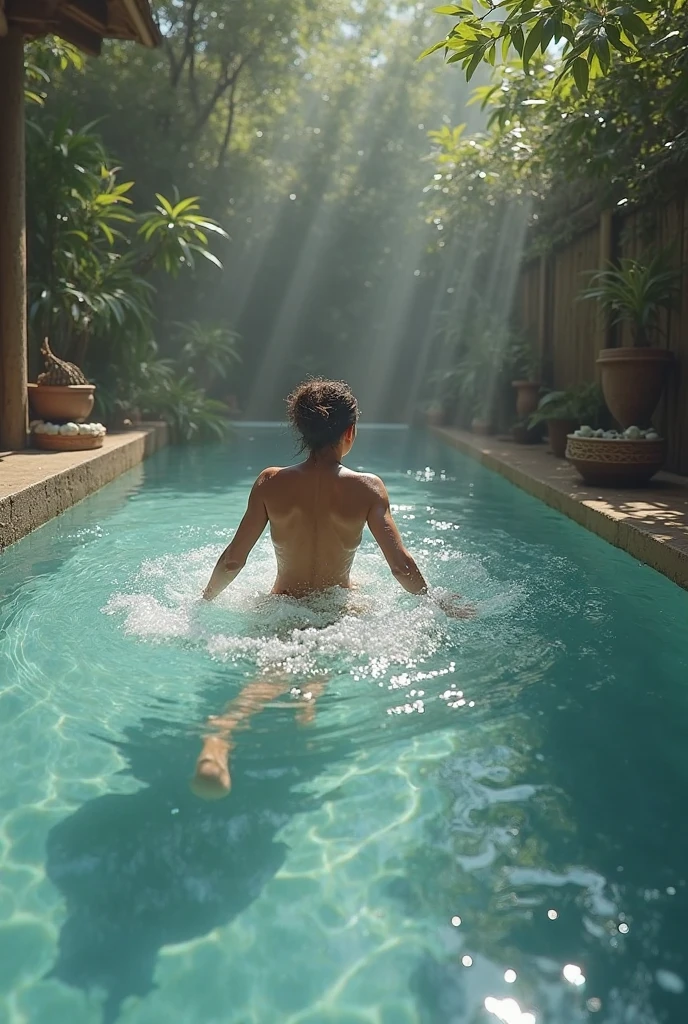 (barefoot thicc fitness model with her wet body after a dive). (a pair of heels made of glass is at the edge of the pool). (bathing inside glowing pool indoors). (neon flora & bioluminescent plantlife cast striking bounce light on her wet form in the dark dimly lit room(, (the caustic reflections of the pool bounce dappled light dramatically on her wet skin), stark contrast, sharp details, fine details, detailed background, dynamic, scenic, perspective, composition, rule of thirds, cinematic, detailed face, detailed body