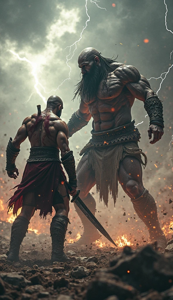 Create an A4 size image . Fighters vs an elemental giant. RPG book covers ,campaign guide.Use Storm RPG as reference.