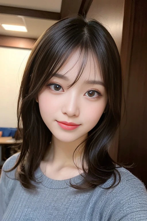 masutepiece, Best Quality, Illustration, Ultra-detailed, finely detail, hight resolution, 8K Wallpaper, Perfect dynamic composition, Beautiful detailed eyes, fluffy winter clothes,Medium hair,small tits,Natural Color Lip,Smile,mansion(a room)、20 years girl、Cute、sexy look at the camera,Perfect and beautiful face,Take close-up photos of your face,Take only the face