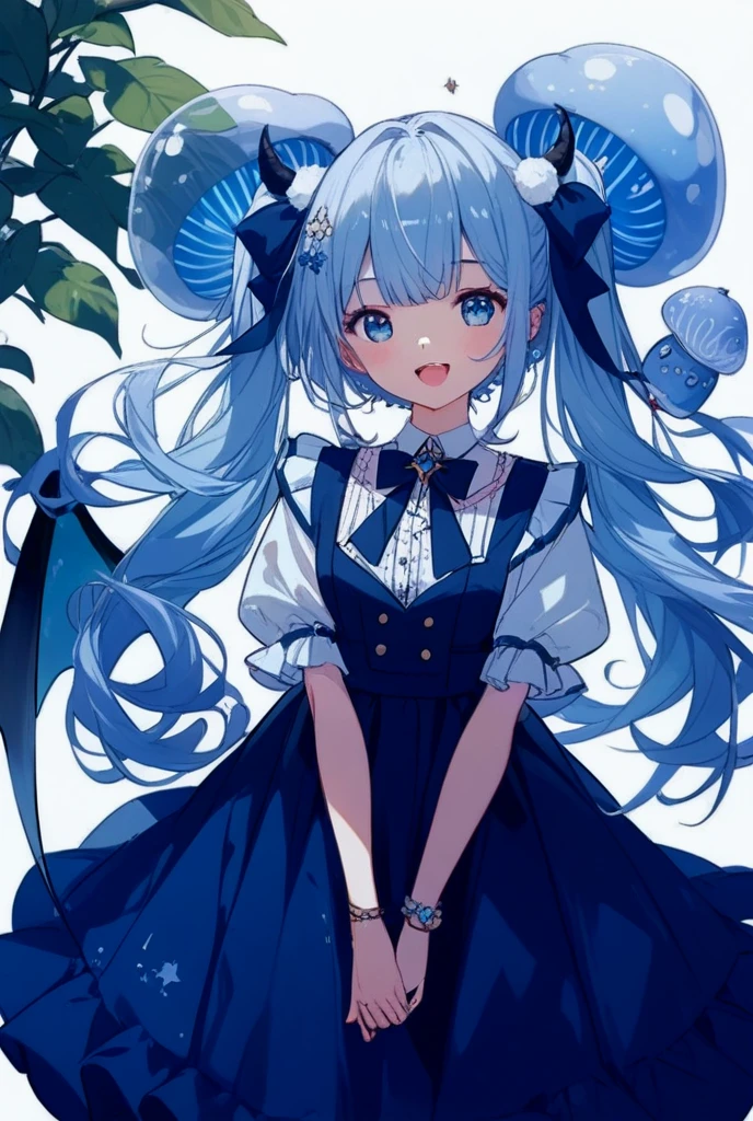 masterpiece, 1girl, solo, looking at viewer, 1 young and gorgeous girl, There is a pair of brownish-black horns on the head, light blue hair, light blue eyes,beautiful eyes, gothic, smile, ((full body)), (((no background))), transparent background, welcome, short pants