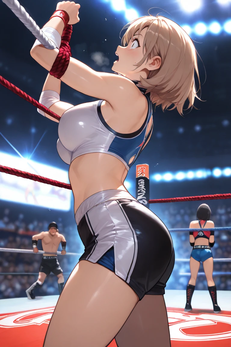 ((masterpiece)), ((high quality)), ((super detailed)), ((high resolution)) ,((8k)), a beautiful woman, ((She is one of the most famous female Gravure idol in the world.)), unparalleled beauty, ((huge breast)), ((large ass)), ((deep cleavage)), slim waist, chest out, ultra detailed face, perfect skin, (((Half-up hairstyle, Blonde Ponytail hair))), blue eyes,  detailed eyes, whole body image, (((anime))), ((glamorous)), 22 years old, ((incredibly beautiful woman)), ((The H cup bust)),  (((Sports Bra, Sports shorts))),  ((beautiful breasts)), beautiful legs, 8 life size, anime, the most beautiful and strongest, ((charm)), ((Half Japanese and half British)), ((Grown-up face)), ((Open Finger Gloves, Five fingers)),  (((Women's mixed martial arts,  A fighting arena surrounded by wire mesh))), ((Breast milk)), ((((Striking Specialist)))),