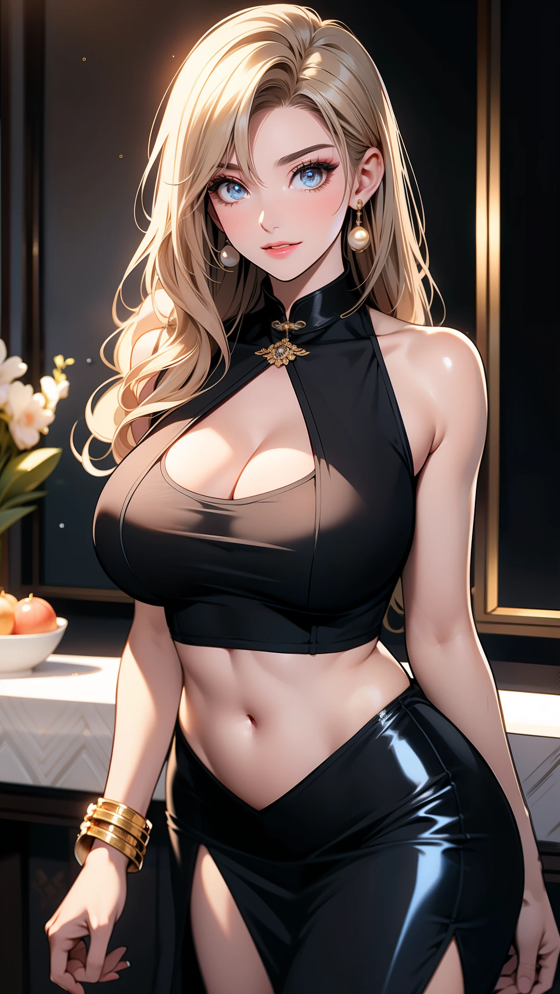 1 girl, solo, Big breasts, curvy, realistic, blonde hair, green and blue eyes, amazing big eyes, eye details, eyebrow details, big lips, blush, confident, dominant, bdsm, HD, good quality, crop top, shorts latex