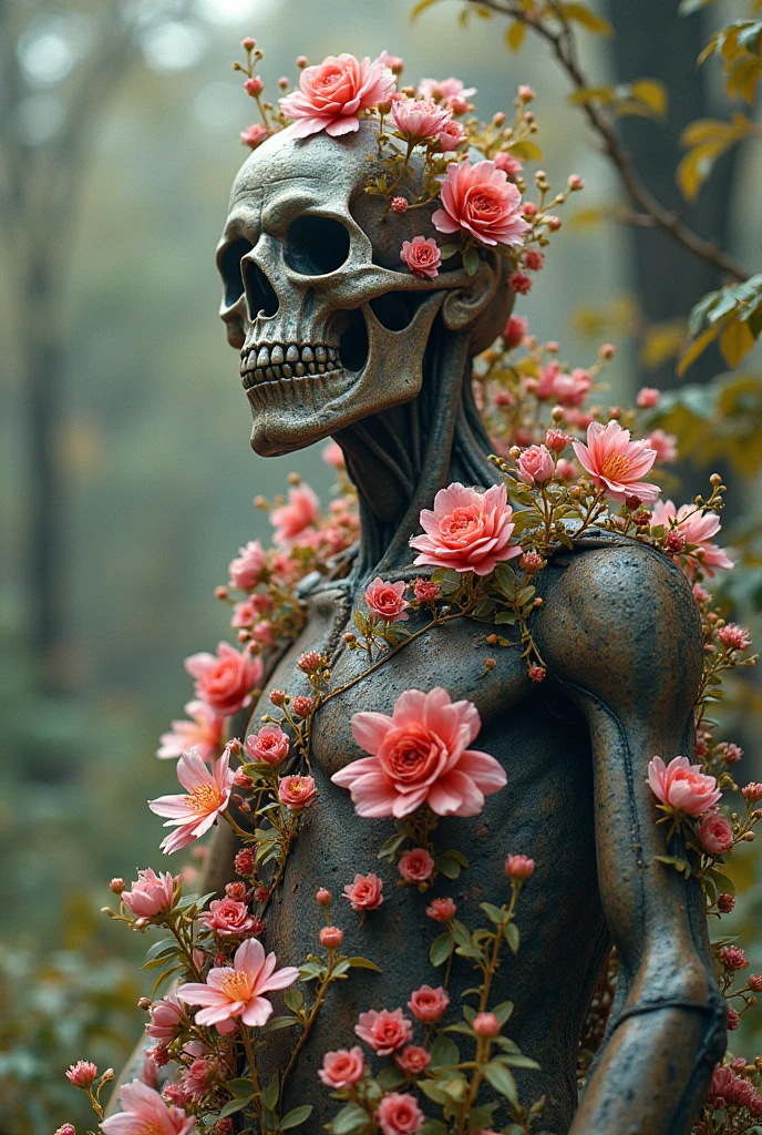 A thin, light-skinned man. with her body covered in flowers. In place of a head a giant rose. standing backwards