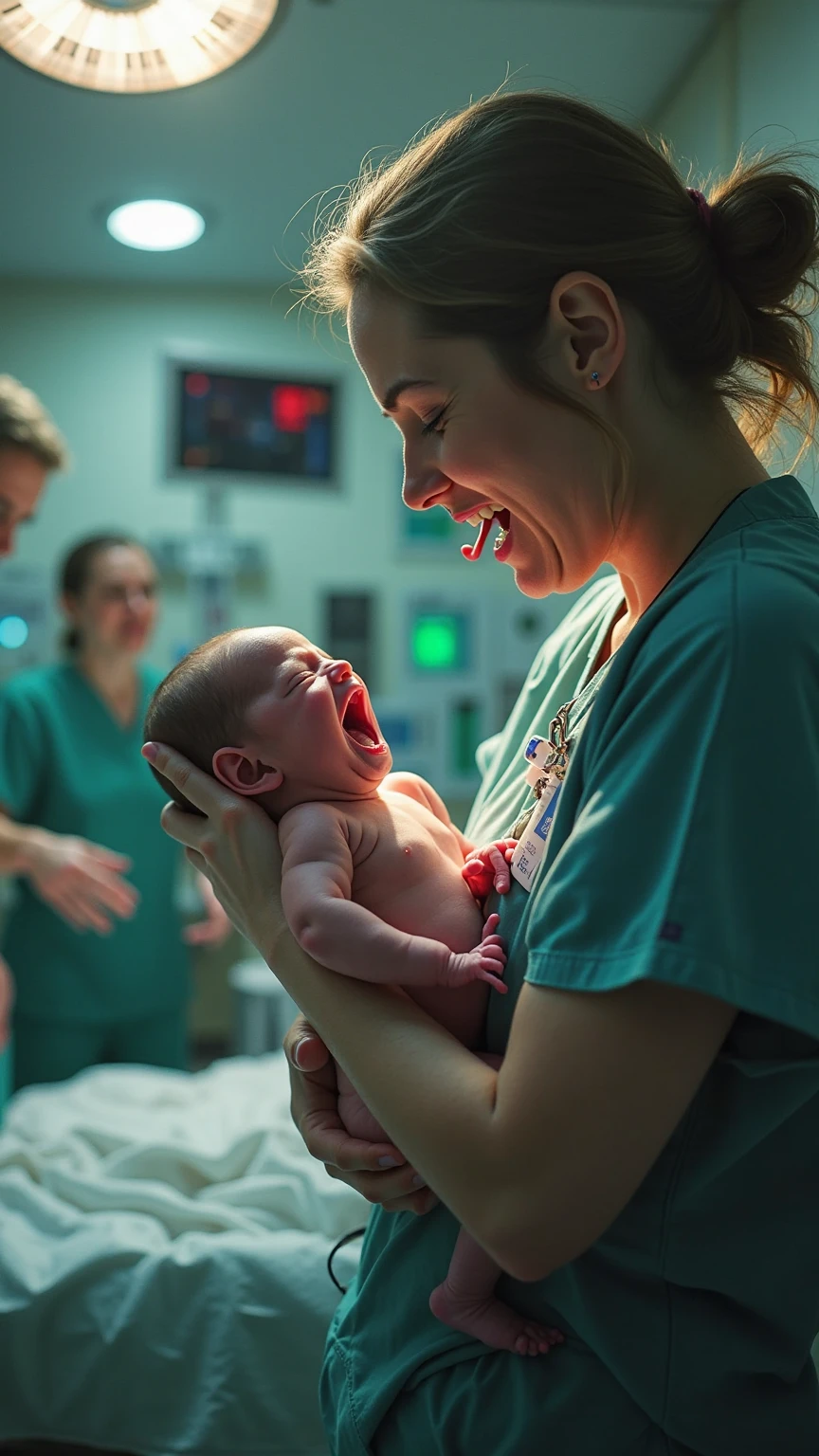 In a hospital setting, a baby stands in a sterile room with white walls and fluorescent lights. The baby’s face is contorted with fear, and tears stream down his cheeks. His little hand trembles as he holds his neck. From a cut in his neck, a grotesque worm emerges, causing horror and despair. The baby’s expression is one of pure terror, his eyes wide and his mouth open in an anguished cry. In the background, modern medical equipment gleams, adding a cold and impersonal atmosphere to the scene.