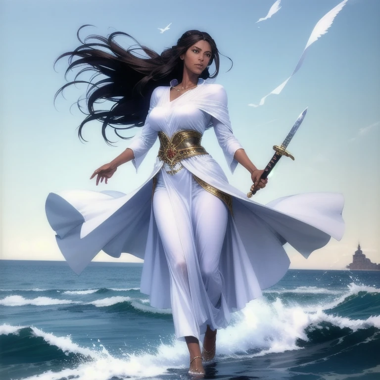 arch angel woman floating down in front of a vast ocean. she has just been in battle, holding a ninja like sword. she is only wearing white dress that has been torn from battle. blue eyes and black hair, skinny and beautiful. she has a halo that is glowing blue.