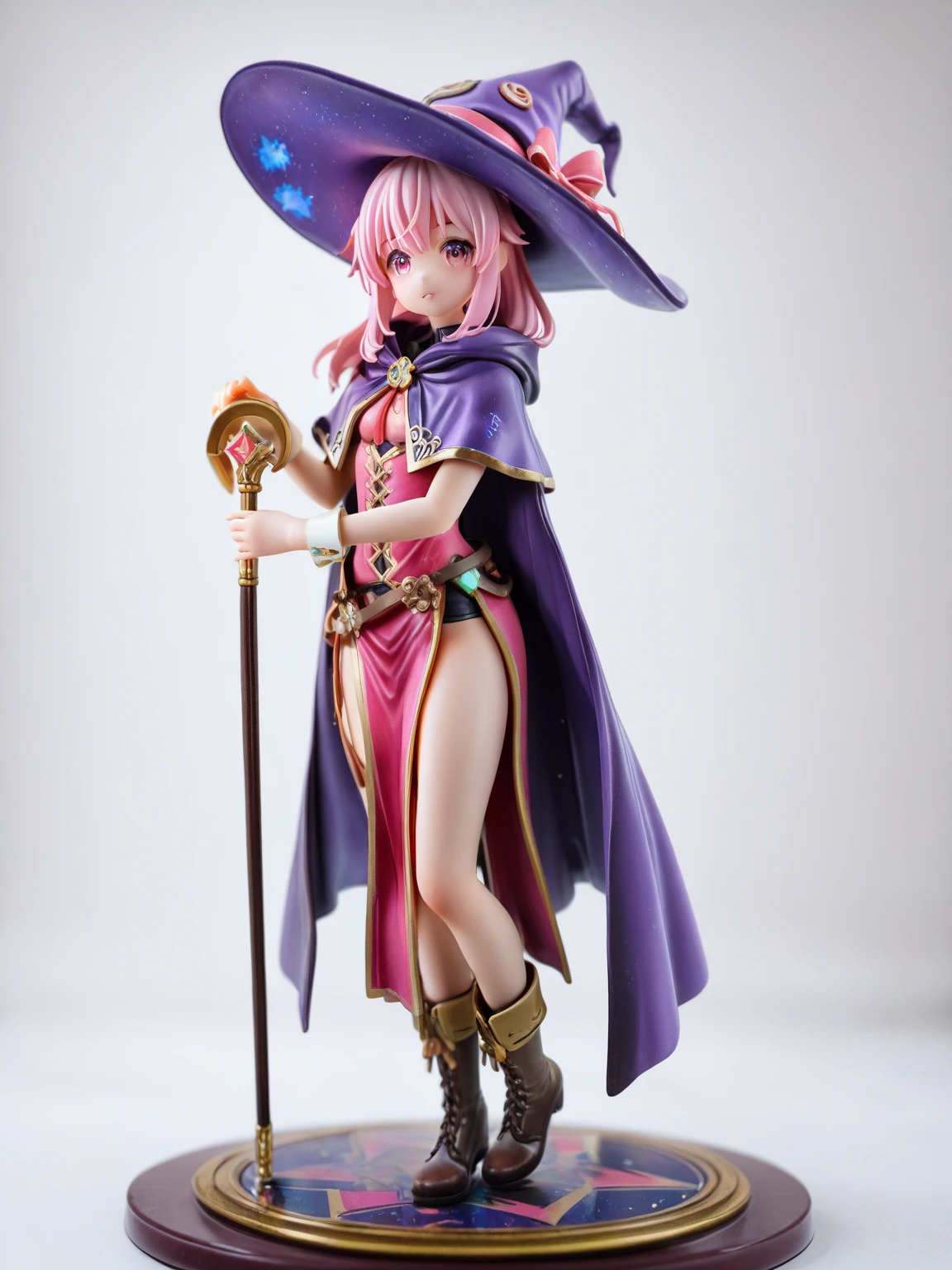 (masterpiece, best quality:1.1), mage (dq3), 1girl, solo, short hair, pink hair, red eyes, witch hat, gloves, medium breasts, boots, cape, staff, black socks, witch, simple background, (nude), squatting
