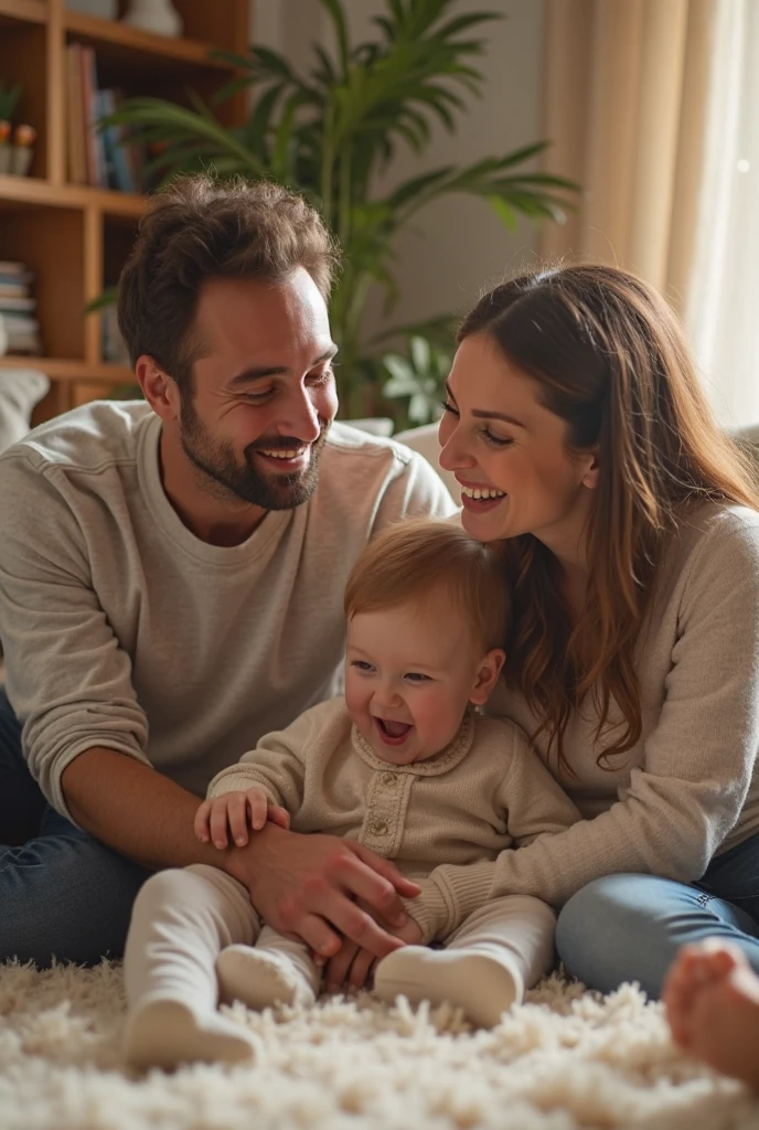 Baby with his family, dad and mom
Colorful baby clothes and designs 
