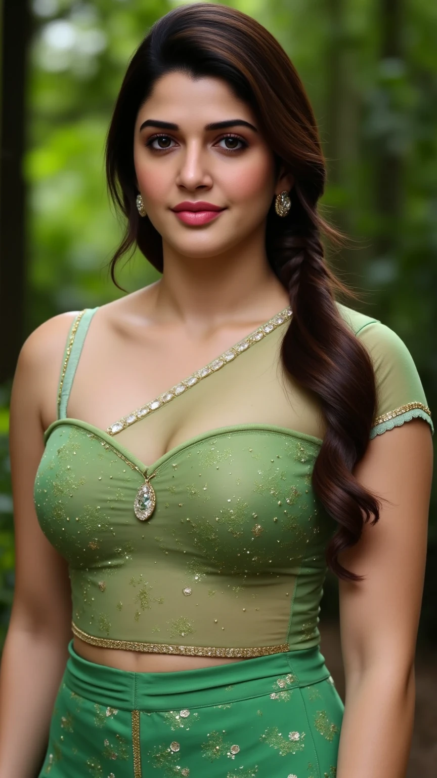 daytime view, close up shot of vedhika from front view, wearing green saree, walking in forest, looking to camera, dynamic pose, big and curvy cheeks, hourglass figure, sexy navel, swooping breasts, ponytail, necklace, (cinematic:1.3), intricate details , (ArtStation:1.2)