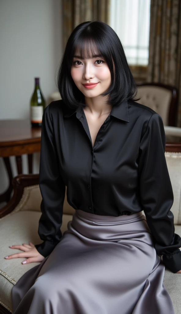 Photo of 25 year old girl, short black hair, bangs with white tuft, dress shirt and a black corset, black dress pants, Tired eyes, green eyes, cute face and perfect body