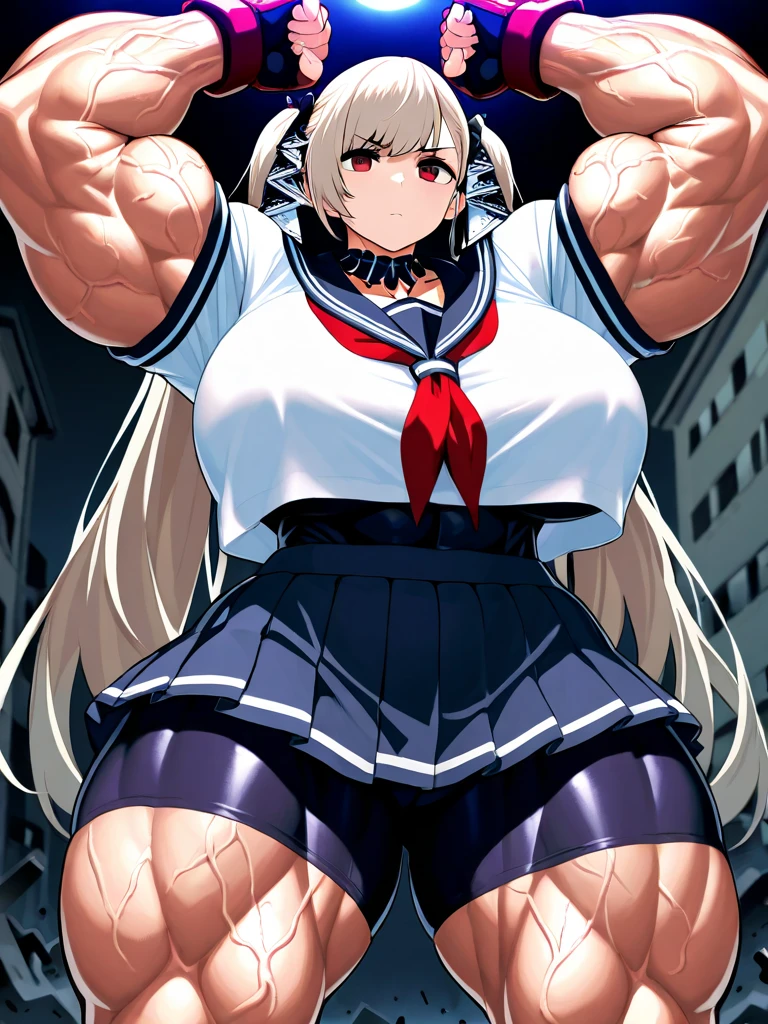 ((masterpiece)), (best quality:1.7), (detailed:1.4), (high res:1.4), 8k, (colorful:1.5), high resolution, sharped image, 4k, hd, (beautiful detailed background:1.2), (beautiful lighting:1.2), (highly detailed:1.2), perfect lighting, (8k wallpaper:1.2), (highly detailed:1.2), (extremely detailed CG:1.2), ((1girl)), solo, lyseria_christaria, grey hair, (black eyes), (purple eyes), ((two tone eyes)), ((red bow)), braid, jewelry, cowboy shot, (((2d))), long hair, ((blue sky)), ((sky)), (school uniform), (school), (white shirt), (black tie), (blue school jacket), ((blue skirt)), (blue miniskirt), (big thighs), big breasts, ((classroom)), ((tie)), ((thighlet)), (((open legs))), (thong), ((from below)), (window), ((below)), sitting,(HyperMuscle 1:2)), gigantic biceps and triceps (Hypermuscle 1:2)), gigantic shoulders (HyperMuscle (1:2)), prominent shoulder blades (HyperMuscle (1:2)), back showing, gigantic quads (HyperMuscle (1:2)), gigantic thighs (HyperMuscle (1:2)), thighs as big as bodybuilder, muscular neck, close-up view, revealing v-line (HyperMuscle (1:2)), back view, (HyperMuscle (1:2)), bottom heavy, side view, squatting down, biggest thighs ever seen, thighs larger than rocks, pulling off pants, gigantic deltoids (HyperMuscle (1:2)), larger than bodybuilder muscle, gigantic forearms (HyperMuscle (1:2)) Gigantic obliques (HyperMuscle (1:2)), back view, behind view, meaty thighs, bulging biceps, gigantic trapezius (HyperMuscle (1:2)), gigantic quads (HyperMuscle 1:2)), showing armpit, perfect curves, feeling abs, tactical vest, mega muscle growth,