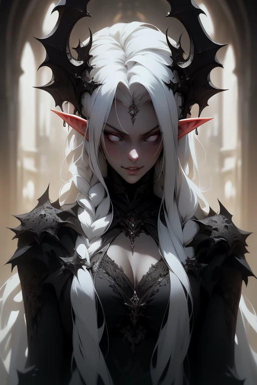 White elf girl, very long flowing hair, white eye color, small eyes, realistic human eye shape, round eye shape, eyeliner, realistic face shape. black lace low cut lace shirt, portrait, wearing a black hood, black background, chest showing, NSFW, Depth of Field. looking at camera, dreamy look detailed eyes, detailed face, detailed skin, Ultra Detailed, Beautiful and Aesthetic, Masterpiece, Best Quality, shoulders showing. lace fabric, round chin shape. wearing black hood over hair. wearing a black hood. hips showing, flairs in background, zoomed out. full body showing. hips exposed. sexy black lace outfit with hood. full body showing