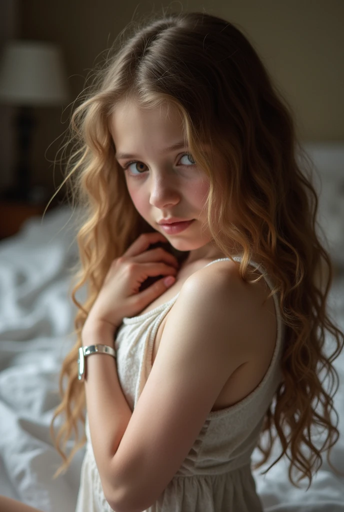 Portrait of a cute 13-year-old teenage girl with a perfect, beautiful face, Russian, in panties, in bed (dark private study, dark, moody light: 1.2)