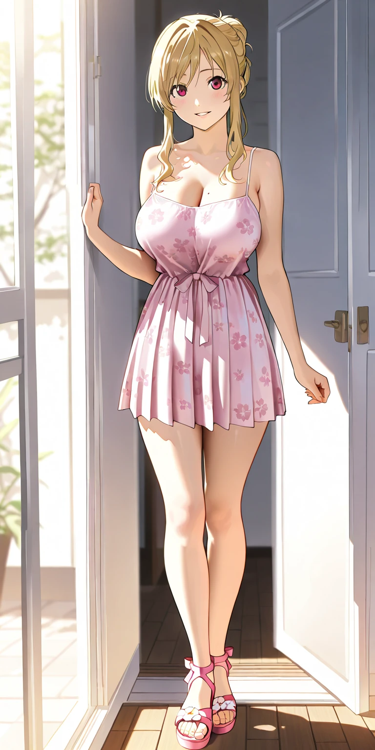 with pink hair，teens girl，A queen，short detailed hair，Long transparent dress，The reveal panties，Drainage of love fluid，standing on your feet