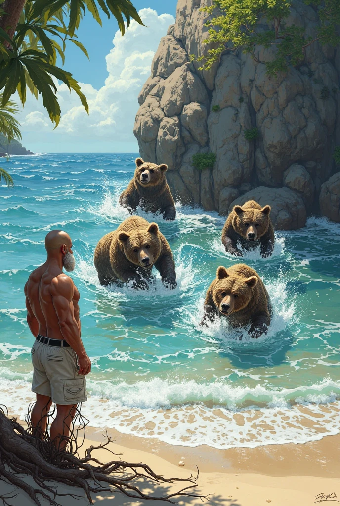 a huge muscular furry Grizzly bear old man swimming in sea, huge shoulder muscle , shirtless, muscle, strong man, strong bear, huge muscle, short hair, bearded, white hair and beard, , thick heavy brown fur, wrinkles skinned, strong muscle, strong and intimidated, masterpiece, muscular, commission for high res, male, fantasy art, very very beautiful art, art painting , painting art