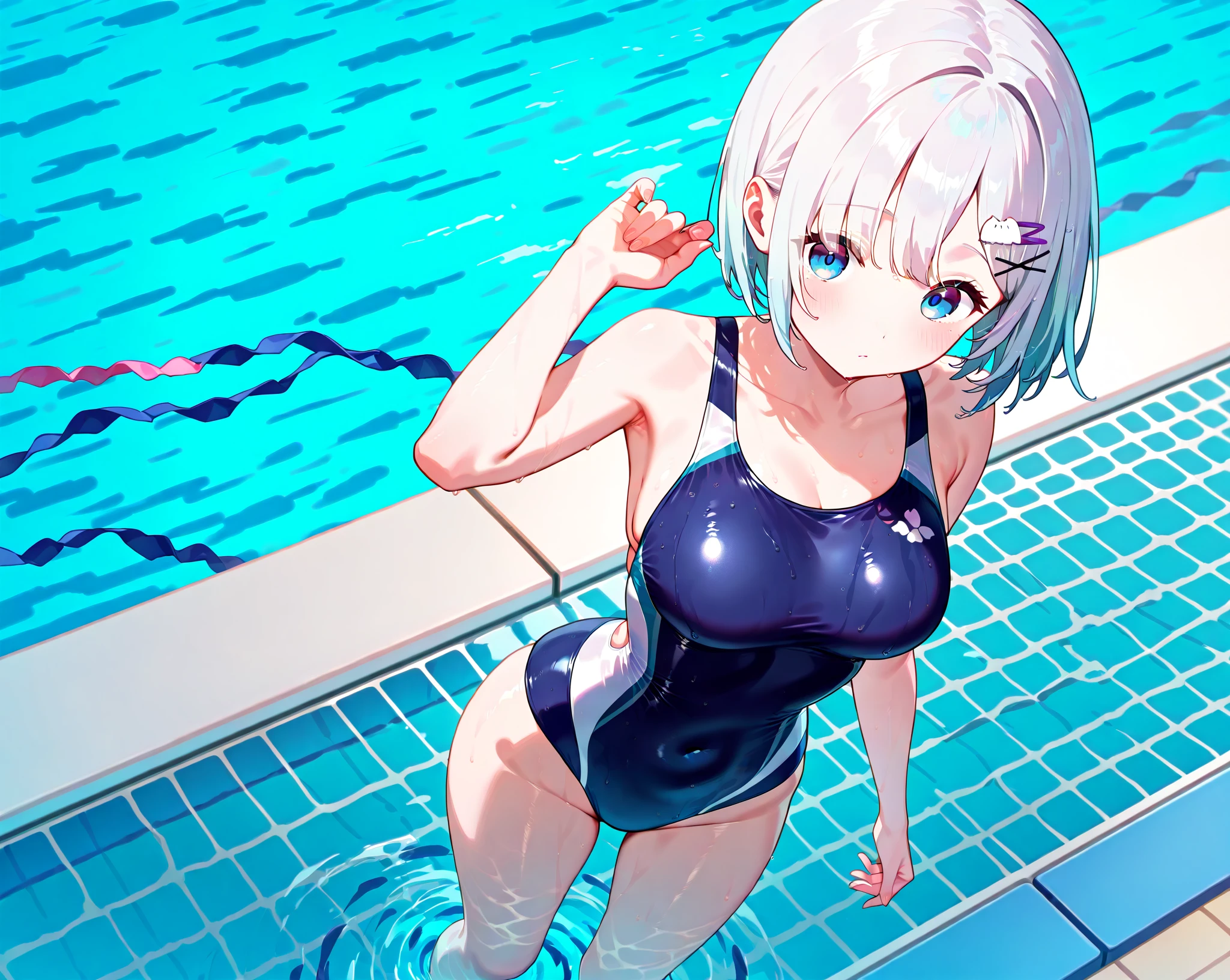 score_9, score_8_up, score_7_up, score_6_up, score_5_up, score_4_up, BREAK, white background,
<lora:tb-12:1>, tbal, white skin, medium breasts, short hair, hair over one eye, school swimsuit, pool, afloat, swimming, outdoors,