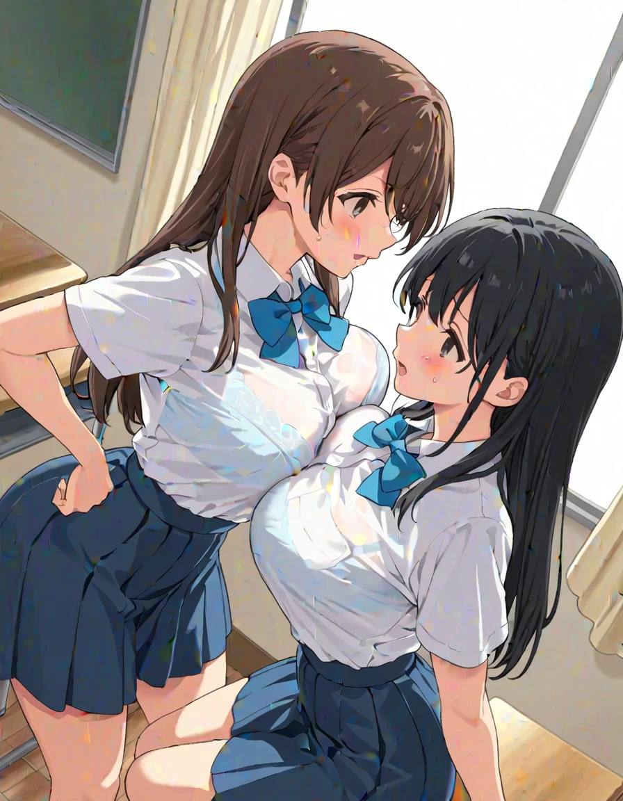 high school student、Women、School classroom、(Big Breasts)、smirk、curvy、(((1 girl)))、from below