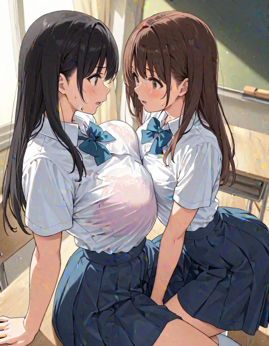 Realistic, Masterpiece, best Quality, perfect anatomy, (Detailed Eyes), One High School Girl, Navy blue school uniform, Huge breast, Sweat, ponytail, earrings,  pelvis curtain, (wide hips), (pleated skirts), Classroom, Voluptuous, a face of ecstasy, open mouth, side face, suck, slobber, stick out tongue, saliva, tearful, Eat fat thud frankfurter
っ