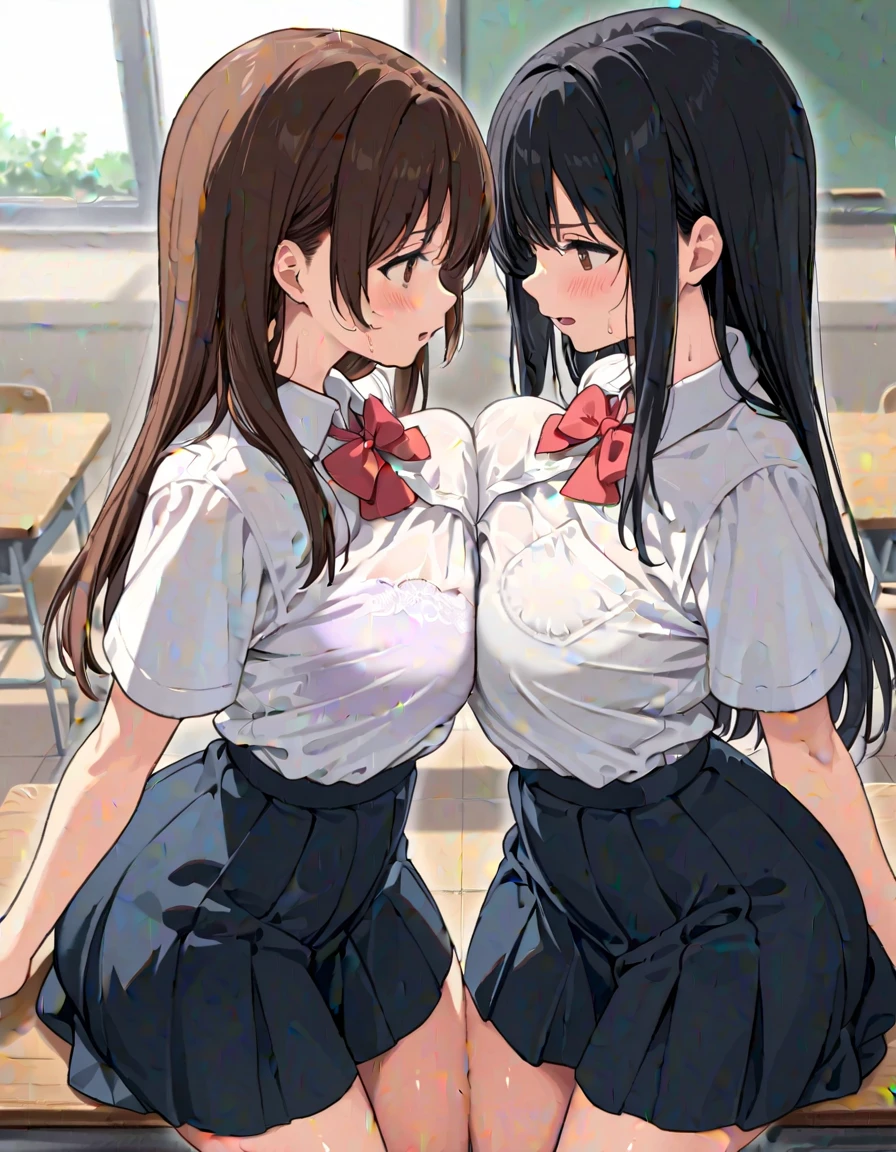 2girls, classroom, by kaisen chuui, red ribbon, white collar shirt, pleated skirt, eyes, bangs, emotion, hug, anatomy, passionate gaze, blush, symmetric face