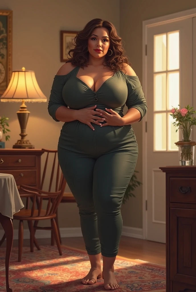 ((best quality)), ((masterpiece)), (detailed), perfect face, araffe woman in a long dark green shirt and 1/3 white denim skirt walking in black room , thicc,  wavy  short hair , she has a jiggly fat round belly, bbwchan, wearing tight simple clothes, skinny waist and thick hips, widest hips, her belly is fat and round, soft curvy shape, hyperrealistic full figure, wearing a cute top, wide hips, wearing 10 bracelet , wearing huge diamond necklace , slightly fat cheeks , glasses 