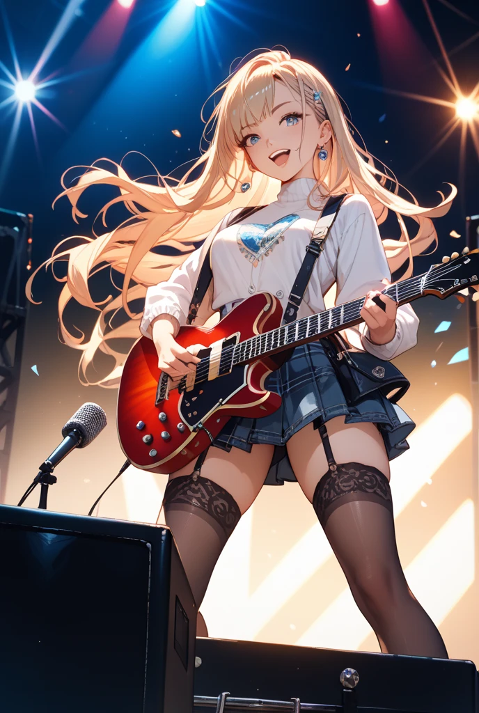 Adult, Perfect Female Figure, Small Breasts, a3ri1th, Blonde Hair with Fringe, Light Eyes, peeing herself, peeing, peeing self, very desperate to pee, holding a guitar on stage, full face blush, sad, crying, flustered, pubic hair, white panties, white stockings wet, peeing, peeing self, peeing, peeing self, pee puddle, puddle of her own urine is forming around her feet, standing on stage, cinematic lighting, anime still HD