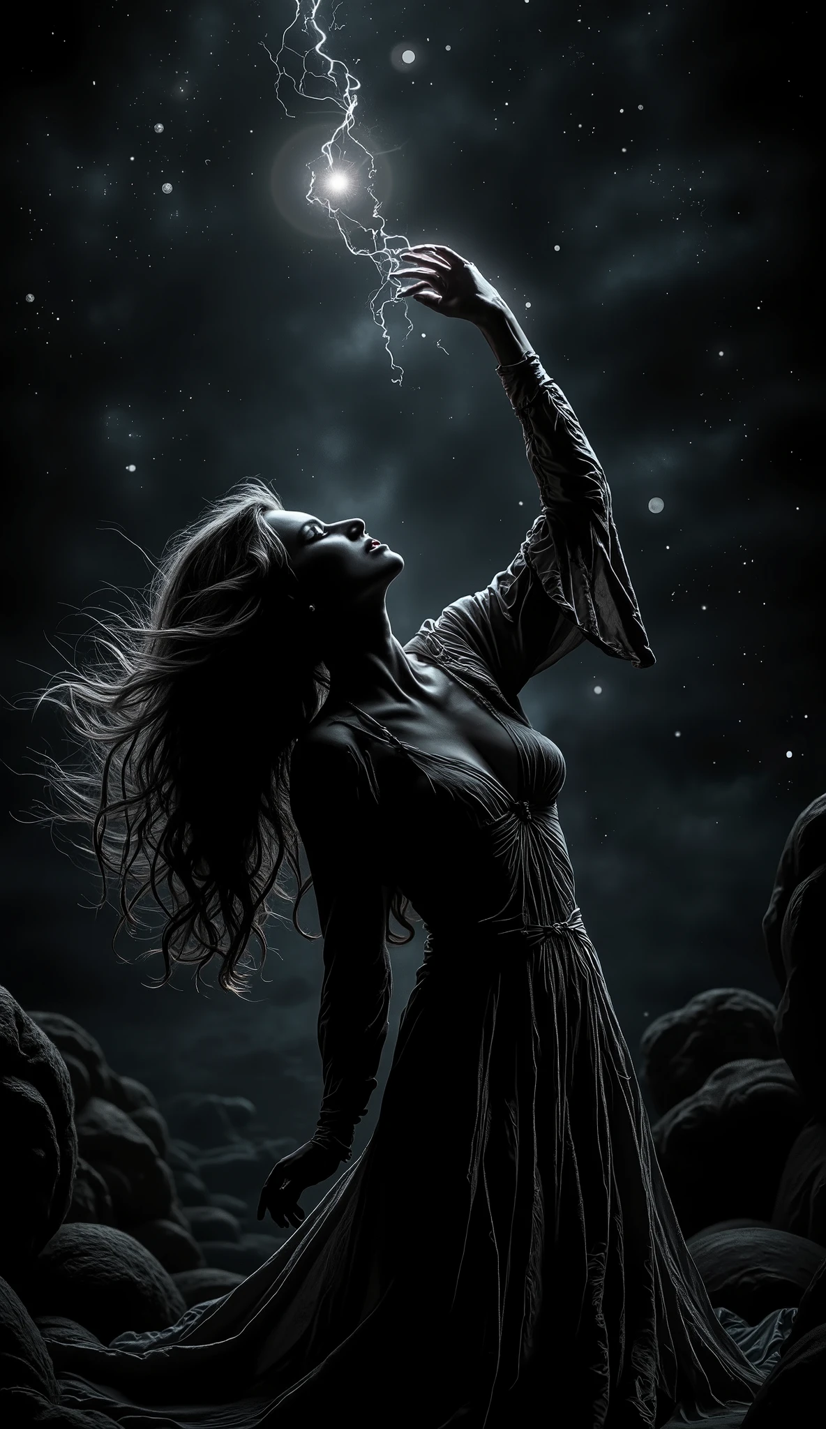 In sharp dark silhouette, woman reaching to the twilight sky, one hand slightly higher than the other, shining stars just barely within her grasp, her hair blowing in the wind, her dress twisting around her, her form is dark against the starlit sky
