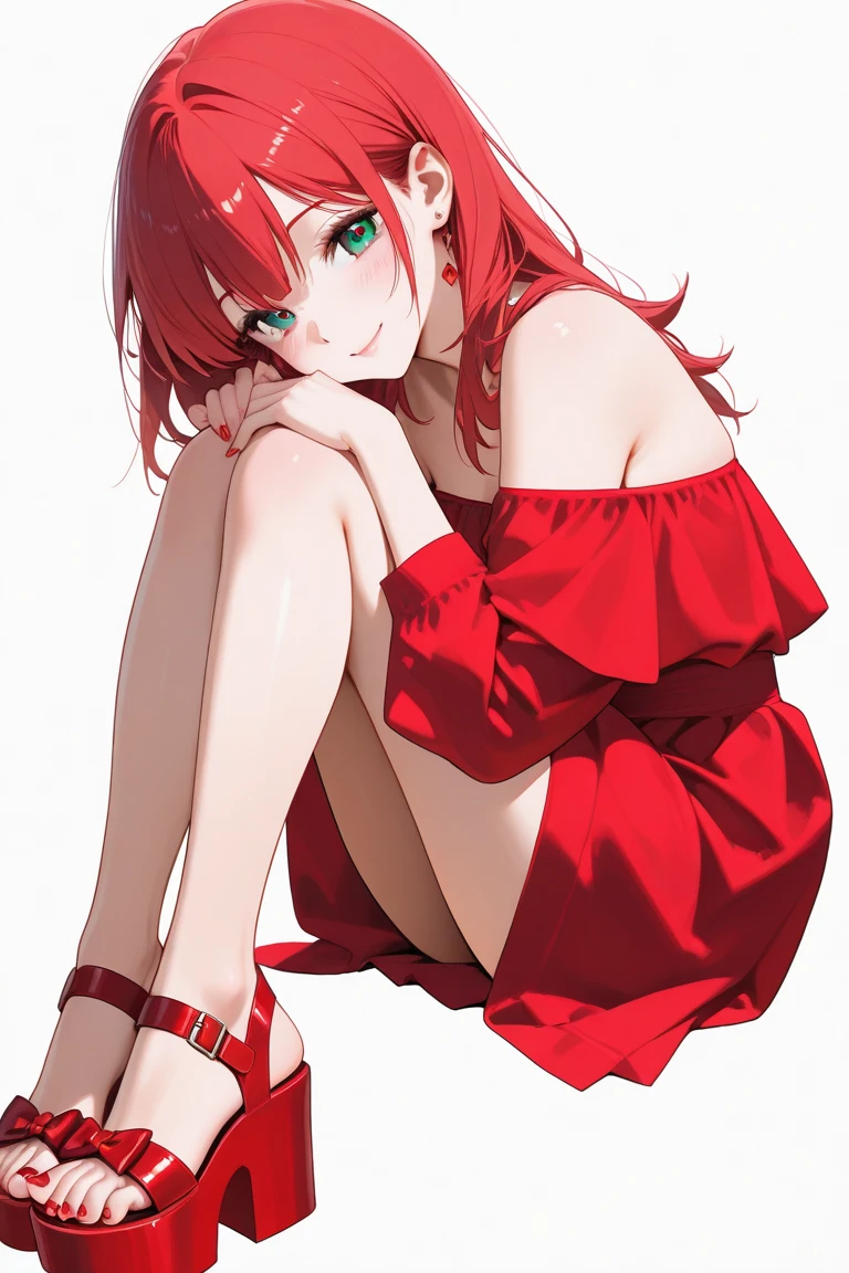 Best quality, ultra high resolution, 1 girl, Red hair, Green eyes, short and thin body, short top with a neckline, slender legs, ((shyexpression)),