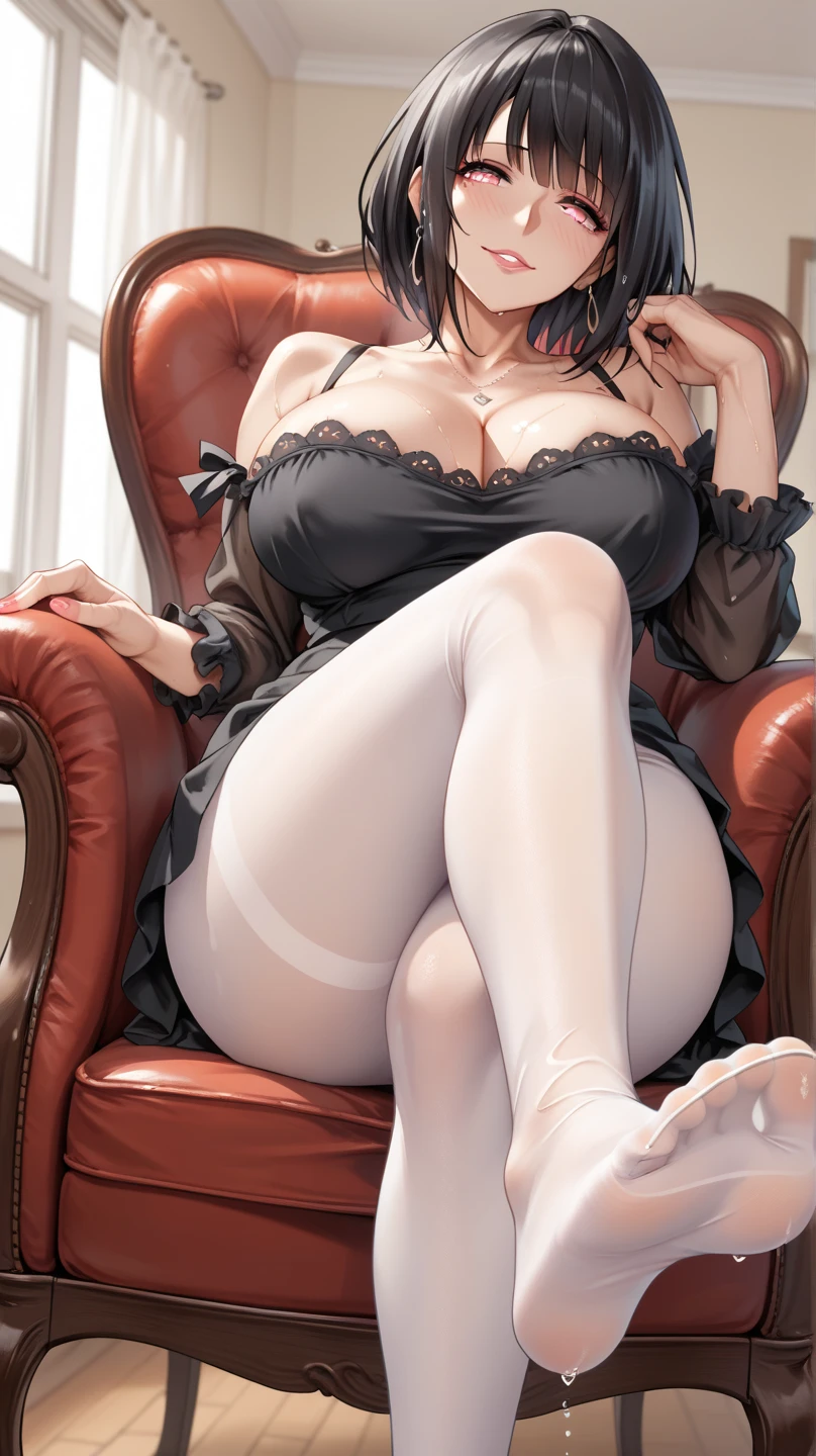 Masterpiece、Highest quality、Highest quality, (from below:1.3), (Long, slender legs, shoes:1.2), (Lean back:1.3), (squat, Spread your legs), 1 girl, Cute eyes, (Detailed face:1.3)、(Sexually stimulating fluids), Open your mouth, The whole face turns red, alone, Oversized breasts, Big and ample breasts, (Straight bangs), (White maid outfit:1.2)、(Nipples、Ultra-micro bikini that only covers the bust digs into the skin:1.2)、Side bust、Underbust、belly button、Walking through the mansion'corridor、Browsing Caution、shoes下