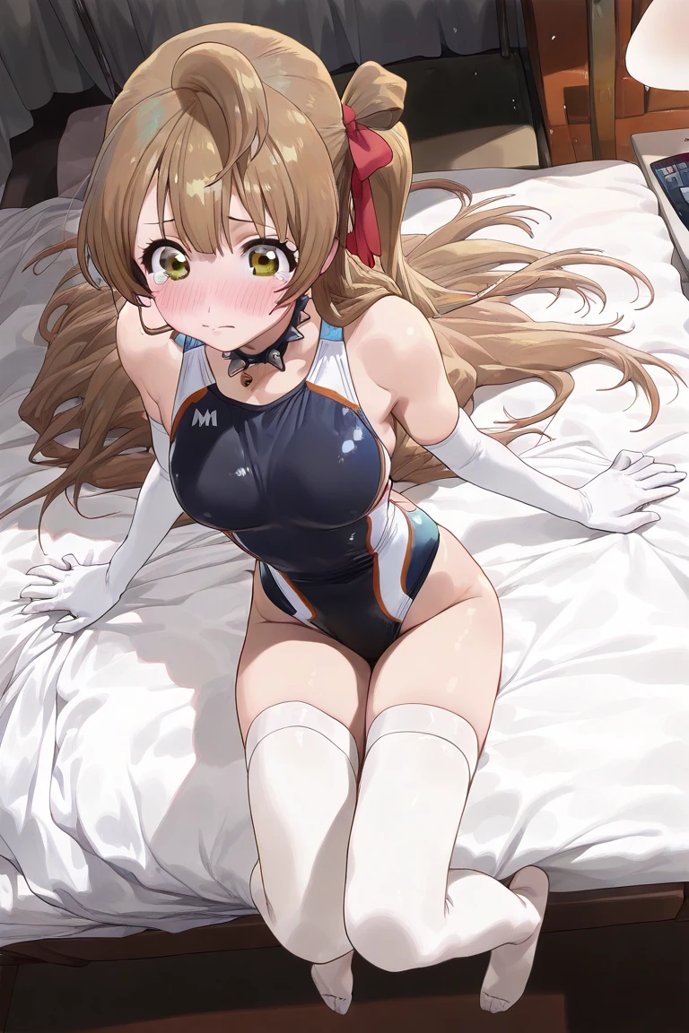 Shikinami Asuka Langley, (Futanari, penis), School Swimsuit, See-through, Erect nipples, Small breasts, Exposing breasts, whole body, bed, sit,