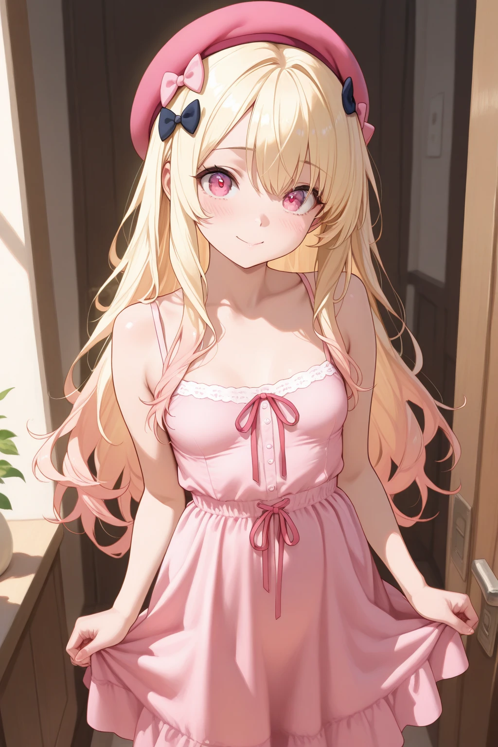 (masterpiece, best quality), 1girl, nude, Miss, Tall, Fit, Square Face, Dark Skin, blonde Hair, pink Eyes, Straight Nose, full Lips, Receding Chin, Long Hair, Wavy Hair, gyaru hair, full breasts, earrings, lipstick, gyaru, gyaru loose school clothes, vibrant colors,