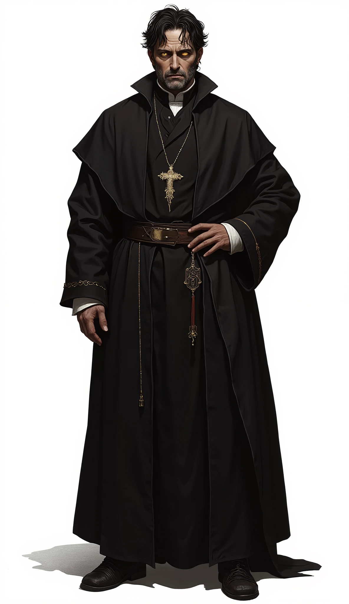 Middle Ages, 19th century, (full length, white background, 4k, 1 man,  elegant, 2.5D, Middle-aged man, 50 years old, bristle, a little gray, unkempt black hair, yellow eyes, priest robe, masterpiece)
