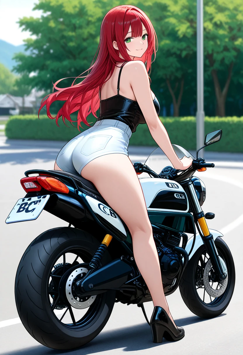1girl, solo, long hair, breasts, looking at viewer, large breasts, simple background, brown hair, hat, white background, swimsuit, ass, bikini, looking back, pants, high heels, sideboob, underboob, denim, ground vehicle, bikini top only, motor vehicle, red bikini, jeans, motorcycle, cowboy hat
